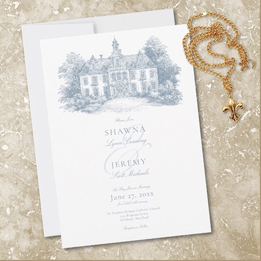 Invitation Elegant Dusty Blue Toile French Manor Wedding