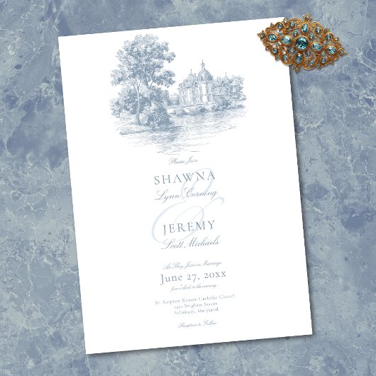 Invitation Elegant Dusty Blue Toile French Manor Wedding