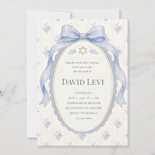 Invitation Elegant Dusty Blue Toile Ribbon Bar Mitzvah (Devant)