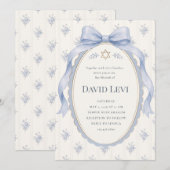 Invitation Elegant Dusty Blue Toile Ribbon Bar Mitzvah (Devant / Derrière)