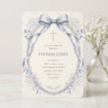 Elegant Dusty Blue Watercolor Bow Baby Boy Baptism