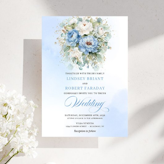 Invitation Elegant Dusty Blue White Floral Gold Wedding