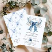 Invitation Elegant Dusty Blue White Rose Floral Bow Wedding