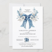 Invitation Elegant Dusty Blue White Rose Floral Bow Wedding (Devant)