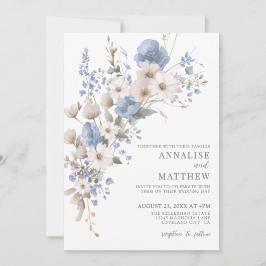 Invitation Elegant Dusty Blue Wildflower Floral Wedding (Devant)
