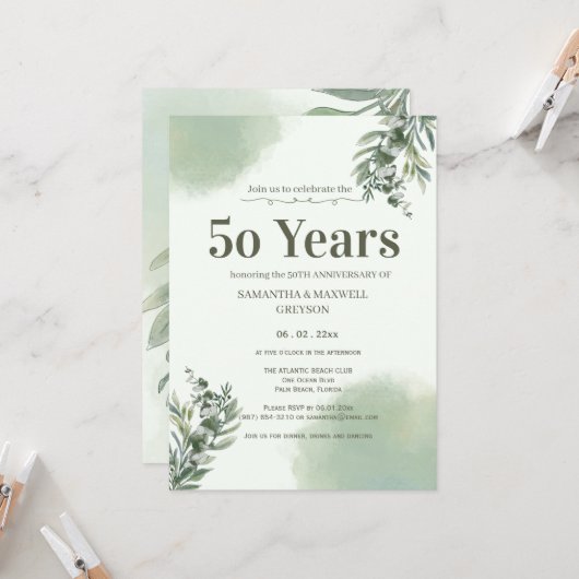 Invitation Elegant Dusty Green Script Wedding Anniversary  (Devant/Arrière en situation)
