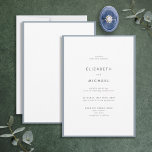 Invitation Elégant Dusty Mariage de typographie bleu et blanc<br><div class="desc">Un magnifique faire-part de mariage de typographie pour un été ou un mariage de automne ! Cette belle et élégante conception présente un bord bleu poussiéreux autour d'une invitation blanche, avec une typographie moderne en noir doux. Un design simple et minimaliste. Merci tellement pour soutenir notre petite entreprise, nous l'apprécions...</div>