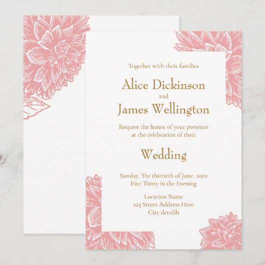 Invitation Elegant Dusty Pink and Gold Floral Wedding (Devant / Derrière)