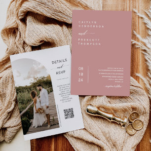 Invitation Elégant Dusty Pink Boho Arch Photo QR Code Mariage