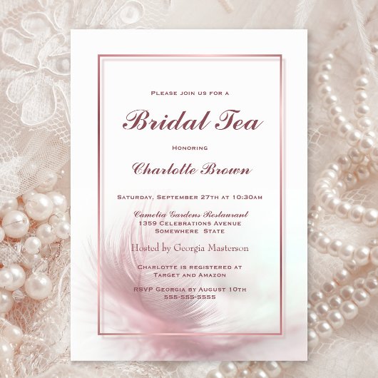 Invitation Elégant Dusty Pink Feather Thé nuptial