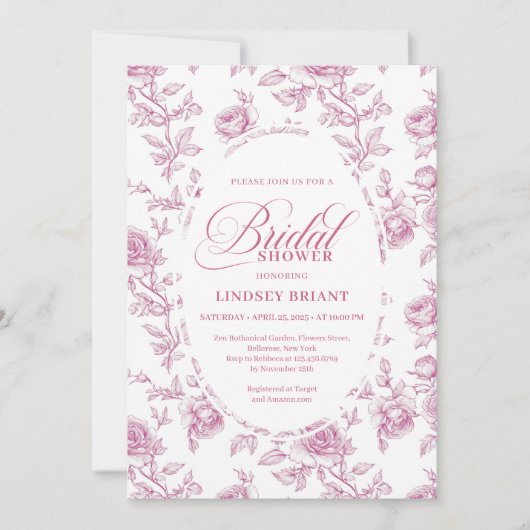 Invitation Elegant Dusty Pink Toile Roses Bridal Shower (Devant)