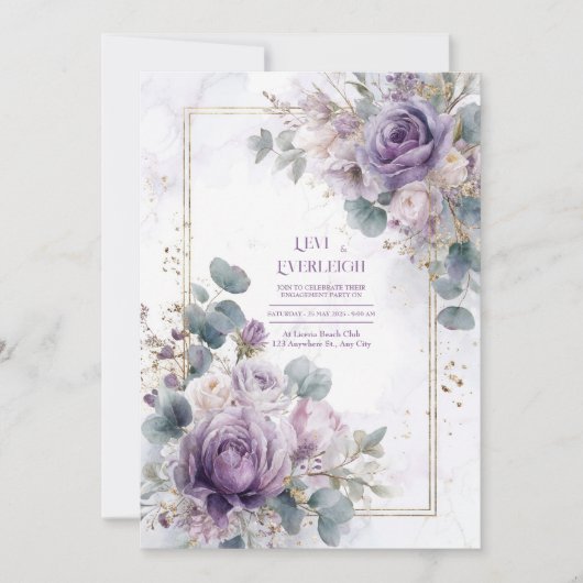 Invitation Elegant Dusty Purple Rose Eucalyptus Gold Marble (Devant)