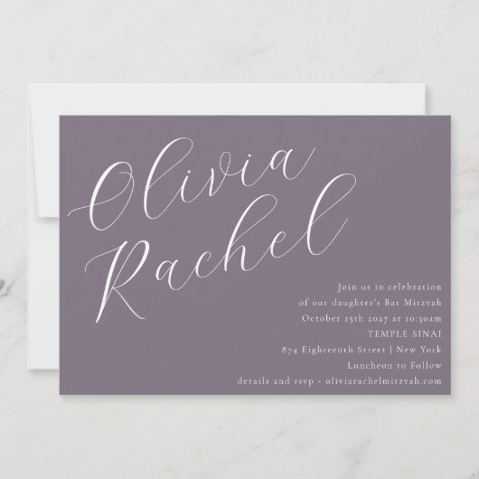 Invitation Élégant Dusty Purple Script Bat mitzvah minimal (Devant)