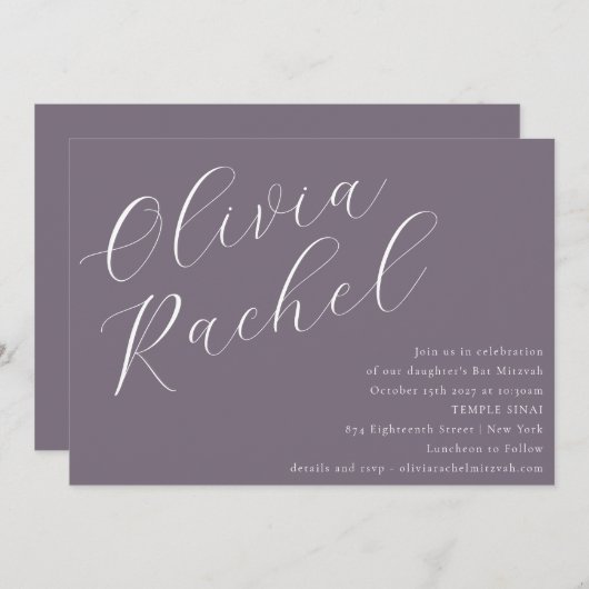 Invitation Élégant Dusty Purple Script Bat mitzvah minimal (Devant / Derrière)