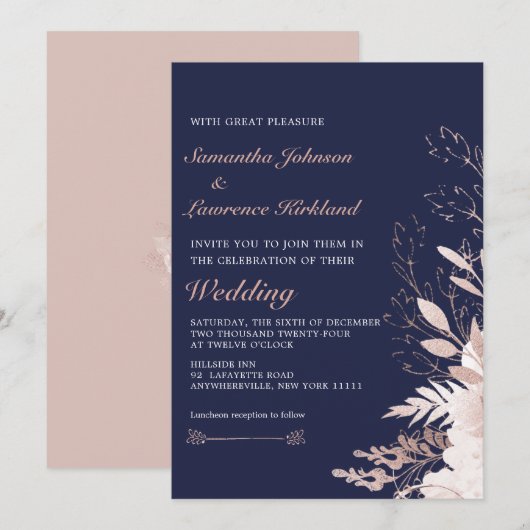 Invitation Elégant Dusty Rose blanc Floral Marine Mariage ble (Devant / Derrière)