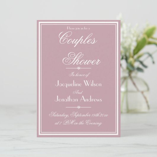 Invitation Élégant Dusty Rose Chic Script RSVP Couples Douche (Debout devant)