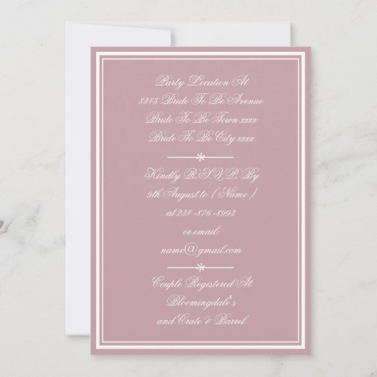 Invitation Élégant Dusty Rose Chic Script RSVP Couples Douche (Dos)