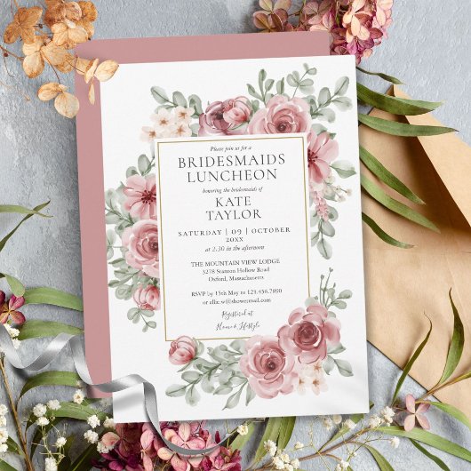 Invitation Élégant Dusty Rose Floral Bridesmaids Déjeuner