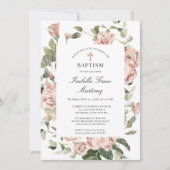 Invitation Élégant Dusty Rose Floral Cross Baptism (Devant)