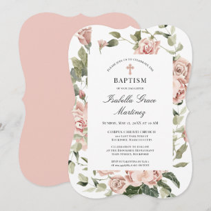 Invitation Élégant Dusty Rose Floral Cross Baptism