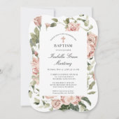 Invitation Élégant Dusty Rose Floral Cross Baptism (Devant)