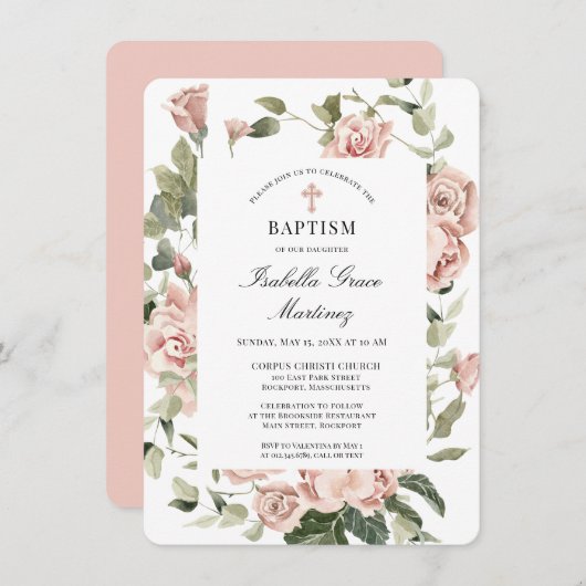 Invitation Élégant Dusty Rose Floral Cross Baptism (Devant / Derrière)