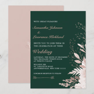 Invitation Elégant Dusty Rose Floral Forest Green Mariage