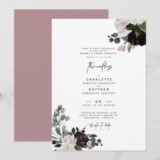 Invitation Élégant Dusty Rose Floral Les deux parents Mariage (Devant / Derrière)