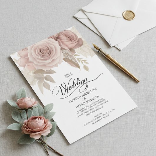 Invitation Elegant Dusty Rose Floral Wedding with Greenery