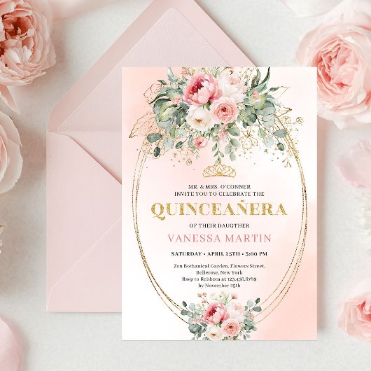 Invitation Elegant Dusty Rose Greenery Quinceañera Card