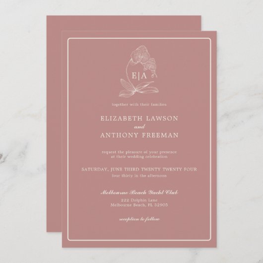 Invitation Elégant Dusty Rose Orchid Monogram Mariage Inviter (Devant / Derrière)