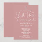 Invitation Élégant Dusty Rose Rose Première Sainte Communion (Devant / Derrière)