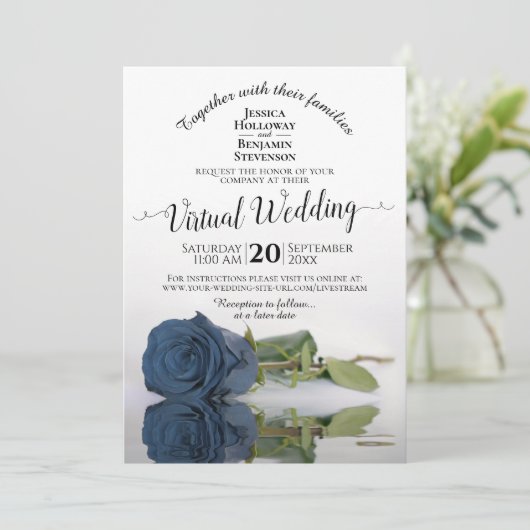 Invitation Elégant Dusty Steel Blue Rose Mariage virtuel (Debout devant)