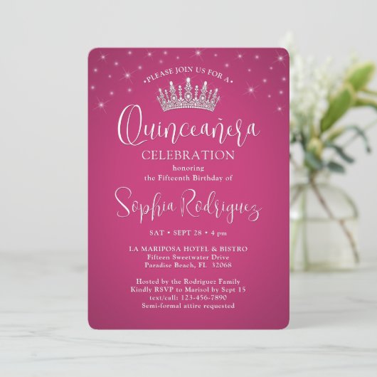 Invitation Élégant Éclairage Quinceañera 3 Photo Fuschia rose (Debout devant)