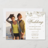 Invitation Élégant Écriture Dorée Fleur Blanche 2 Photo (Devant)