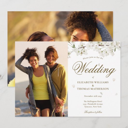 Invitation Élégant Écriture Dorée Fleur Blanche 2 Photo (Devant / Derrière)