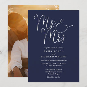 Invitation Élégant écriture Mr et Mme Photo Bleu marine Maria