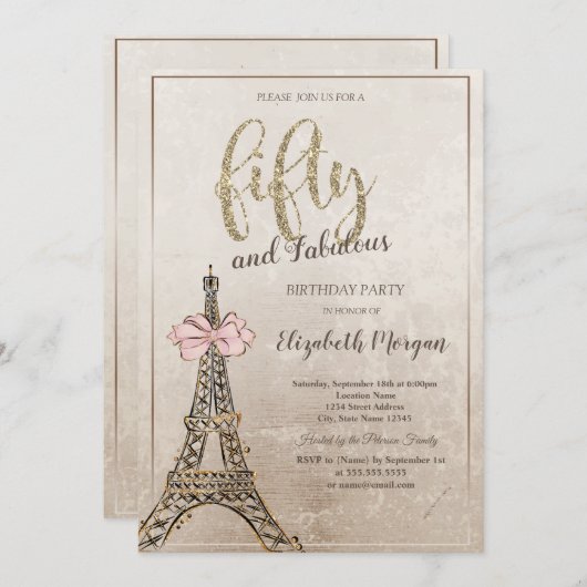 Invitation Elegant Eiffel Tower Bow 50th Birthday (Devant / Derrière)