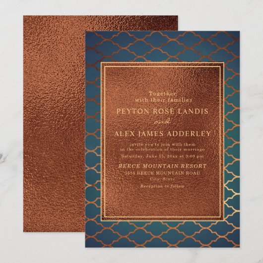 Invitation Elégant élégant Cuivre Turquoise Gold Wedding Invi (Devant / Derrière)