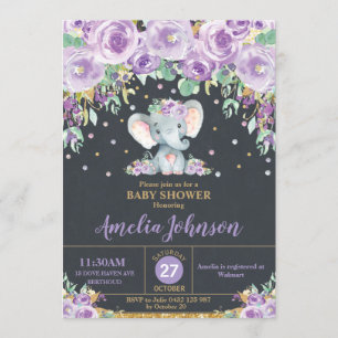 Invitation Élégant Éléphant Rose Fleur Bébé Fille Baby Shower
