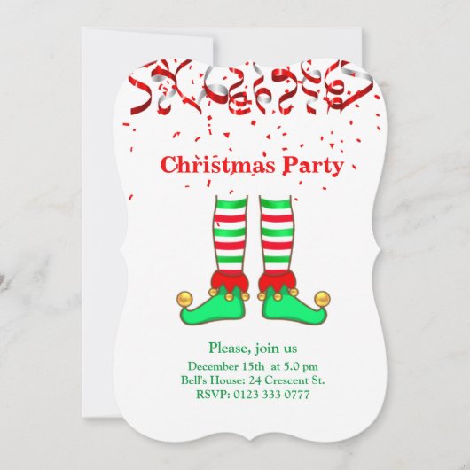Invitation Elégant elfe de Noël sur rouge & blanc (Devant)