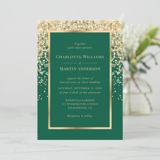Invitation Elegant Emerald and Gold Confetti Wedding (Debout devant)