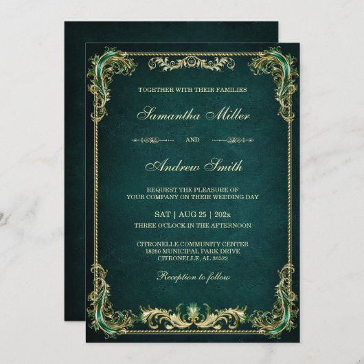 Invitation Élégant Emerald et Mariage or (Devant / Derrière)