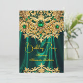 Invitation Elegant Emerald gems Gold Lace Damask Birthday (Debout devant)