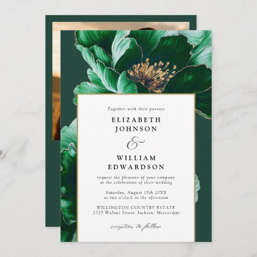 Invitation Élégant Emerald Gold Floral Photo QR Code Mariage (Devant / Derrière)