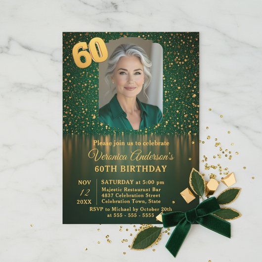 Invitation Elegant Emerald Gold Glitter 60th Birthday Party
