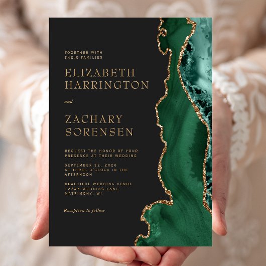 Invitation Élégant Emerald Green Agate Gold Mariage