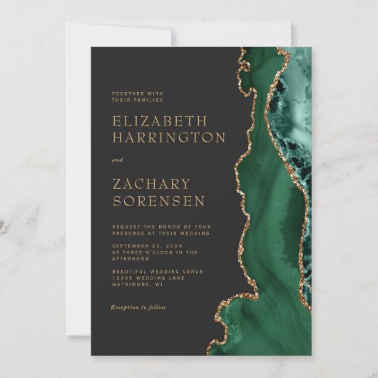 Invitation Élégant Emerald Green Agate Gold QR Code Mariage (Devant)