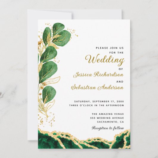 Invitation Élégant Emerald Green Agate Mariage Eucalyptus (Devant)