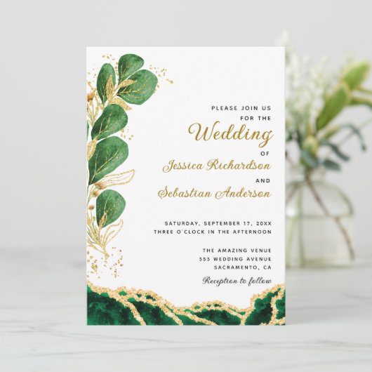 Invitation Élégant Emerald Green Agate Mariage Eucalyptus (Debout devant)